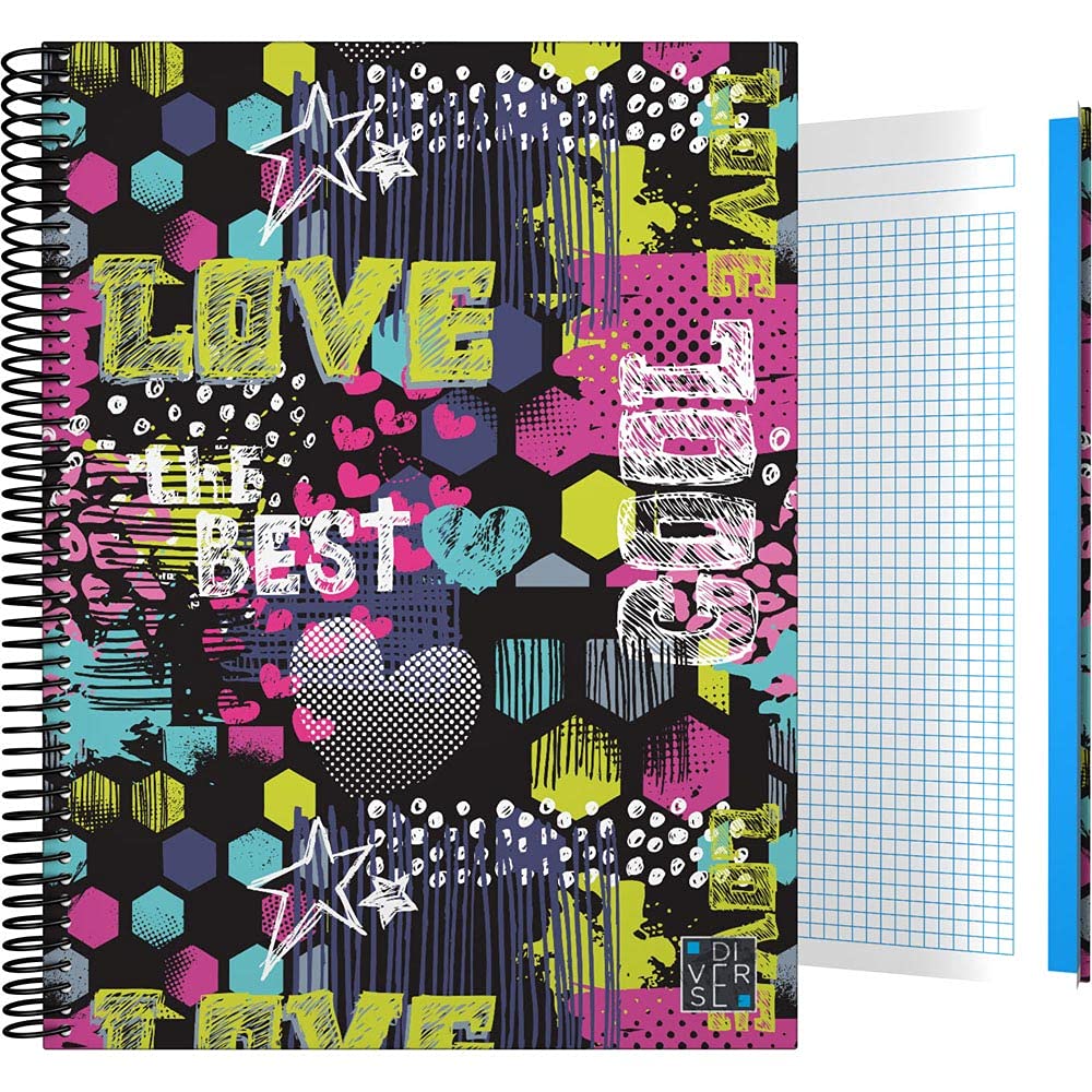 Grafoplás 16502617 Hardcover Notebook, Cardboard, A4, Square, 5 x 5, 5 Colours, Diverse Collection, Cool, FSC Certified, 140 Micro-Perforated Sheets, 4 Drills, 5 Bands Colour