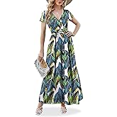 ANRILITA Maxi Dress for Women 2026 Wrap V Neck Short Sleeve Empire Waist Summer Casual Elegant Flowy Long Dresses with Pocket