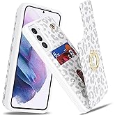 Lipvina for Samsung Galaxy S21 5G Case with Card Holder,Galaxy S21 5G Case Wallet for Women,Credit Card Holder,Ring Stand,Cute Phone Wallet Cases 6.2"(White Leopard)