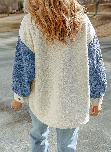 ASTYLISH WOMENS 2023 WINTER COATS FUZZY FLEECE FAUX SHEARLING OVERSIZED OUTWEAR SHACKET JACKET BLUE