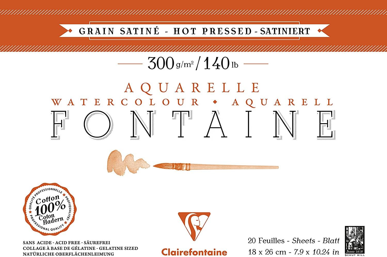 Clairefontaine - Ref 96343C - Fontaine Hot Pressed Watercolour Glued Pad (20 Sheets) - 18 x 26cm Size, 300gsm Paper - Suitable for Watercolour Artwork