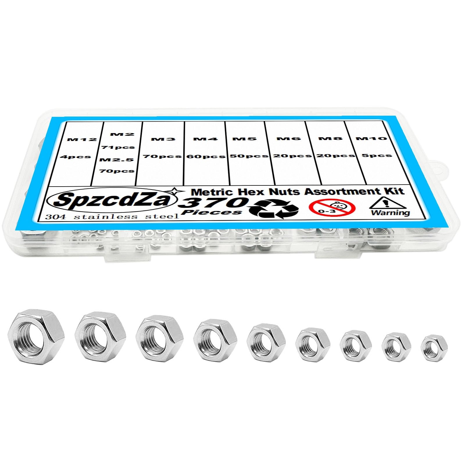 Photo 1 of 370pcs Metric Hex Nuts Assortment Kit,Hardware Nuts M2 M2.5 M3 M4 M5 M6 M8 M10 M12 304 Stainless Steel 18-8 External Hex nut Set Hex Machine Screw Nut