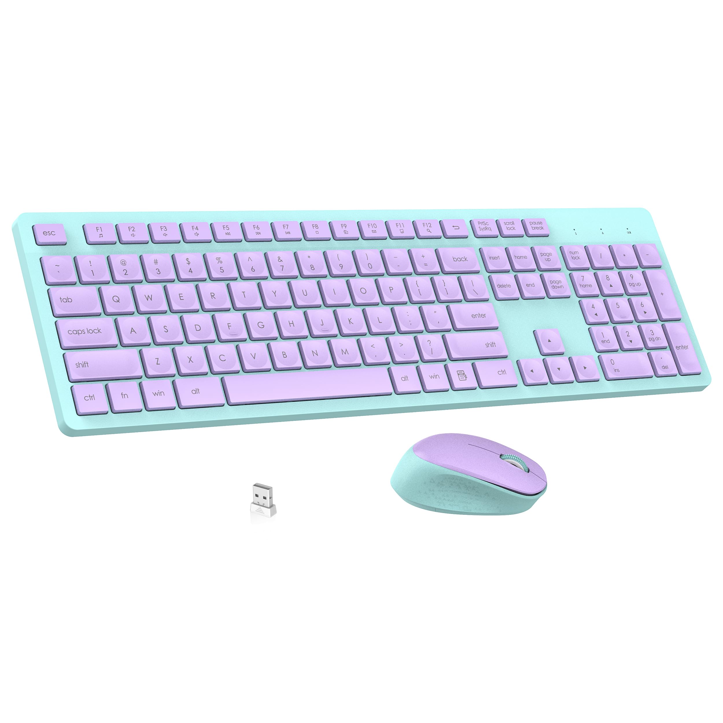 Photo 1 of **NO USB**LeadsaiL K786 Wireless Keyboard and Mouse Combo, 2.4GHz Lag-Free Wireless, Full Size Ergonomic Keyboard Silent Mouse for Windows Mac PC Laptop, 12 FN Shortcuts, Long Battery Life - Purple and Mint