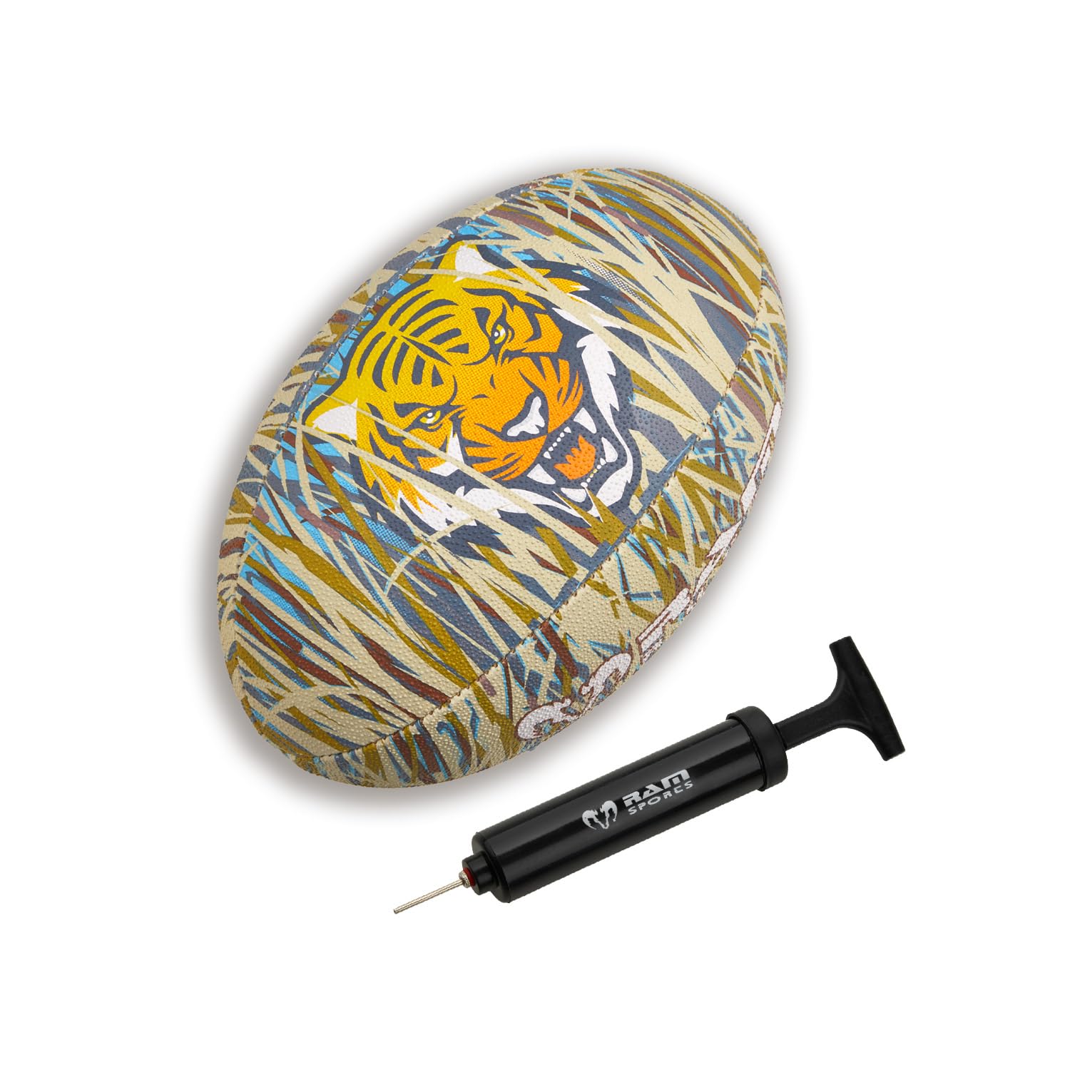 Ram Rugby Tiger Squad Trainer Rugby Ball & Mini Pump - Available in Size 5, 4, 3, & 1 (Mini) - For Kids & Adults - 7 Crazy Fun Designs - Club Quality Training Rugby Ball – Great