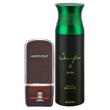 Ajmal Aristocrat EDP Citrus Woody Perfume 75ml for Men and Sacrifice II for Him Deodorant Fruity Aromatic Fragrance 200ml for Men+ 2 Parfum Testers FREE