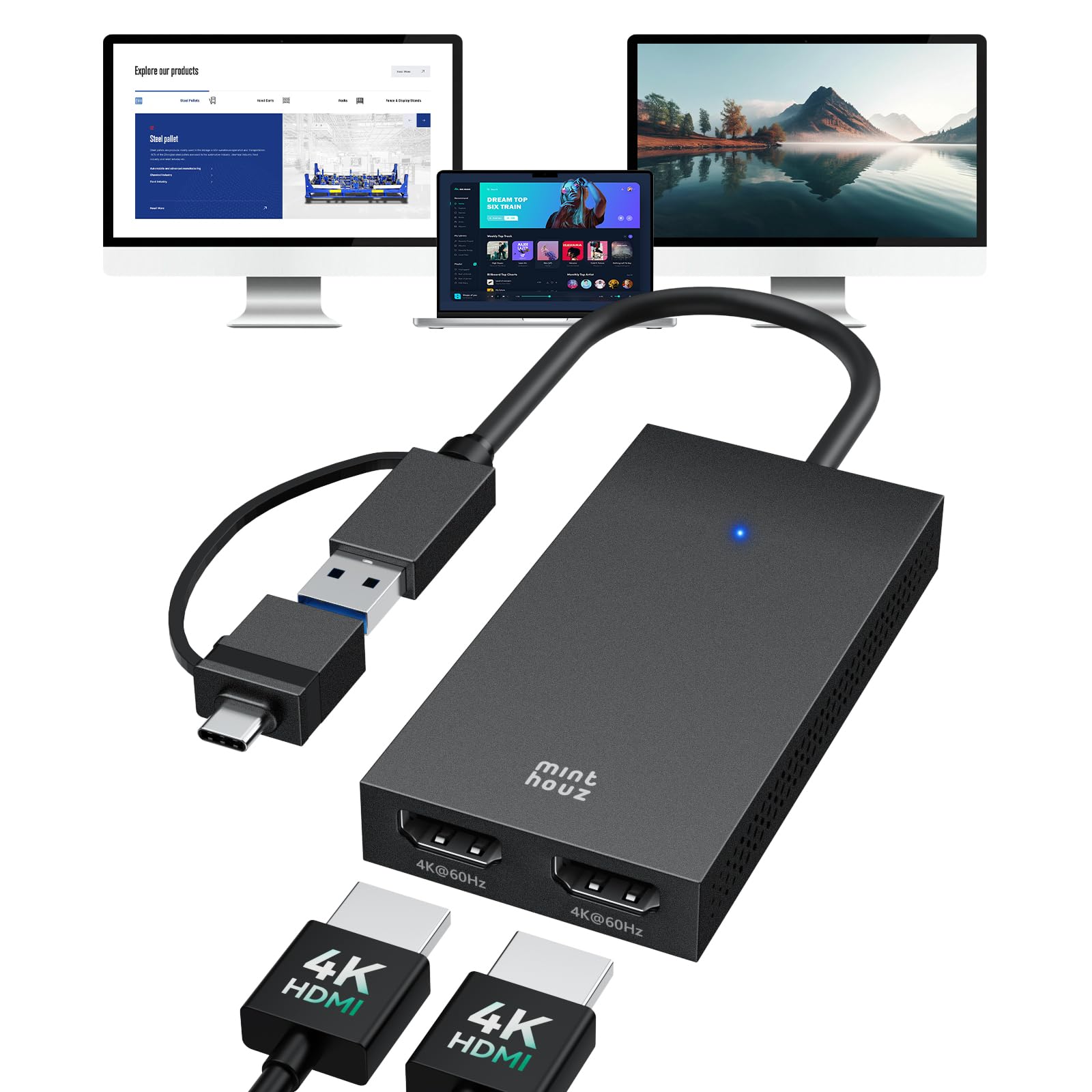 Minthouz 4K HDMI Splitter for Dual Monitors, DisplayLink Certified Dual ...
