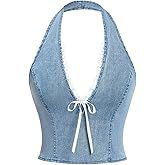 Floerns Women's Y2k Bow Tie Denim Top Sleeveless Lace Trim Halter Neck Cute Tank Top