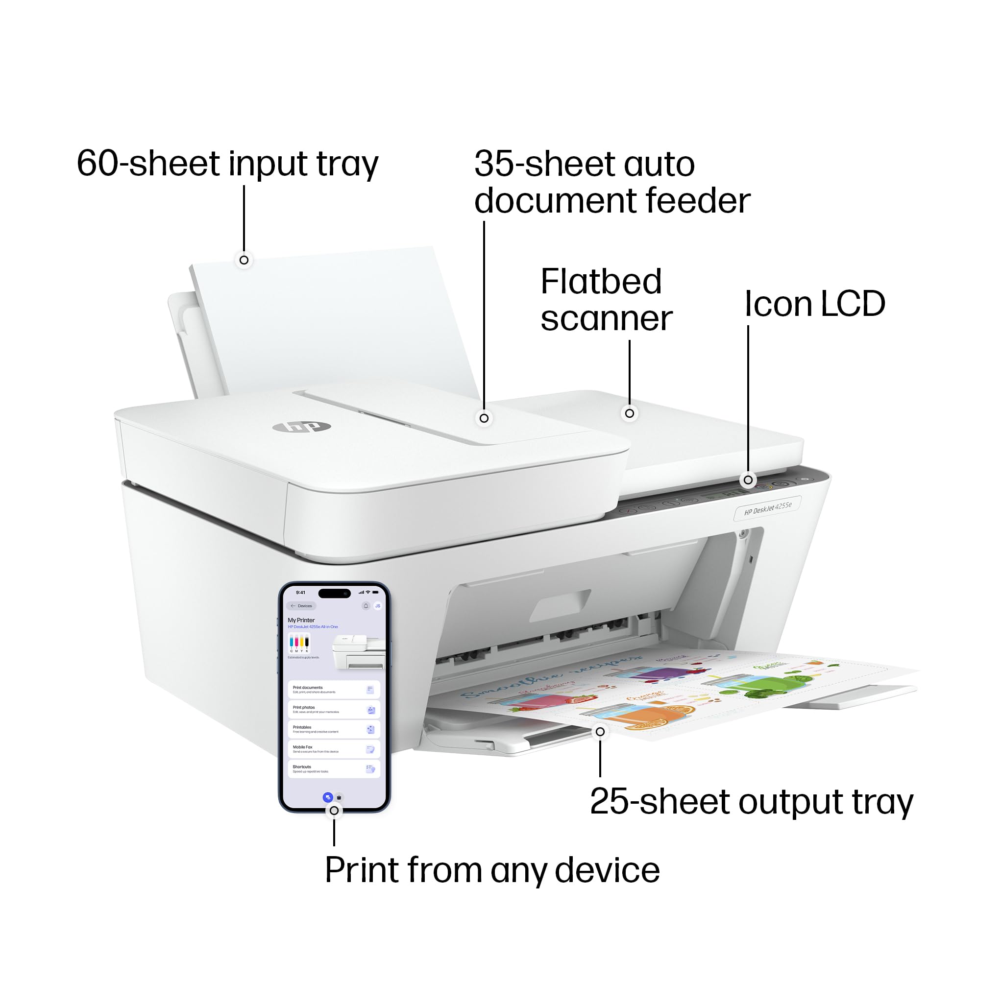 HP DeskJet 4255e Wireless All-in-One Color Inkjet Printer, Scanner, Copier, Best-for-Home, 3 Month Instant Ink Trial Included, AI-Enabled (588S6A)