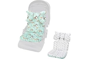 LAT LEE AND TOWN Baby Seat Liner for Stroller-Universal Soft & Breathable Stroller Cushion,Detachable Pillow Car Seat Liner,Cotton Baby Stroller Pad(Green Animal+White Stars)