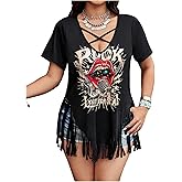 BEAUDRM Women's Plus Size Western Shirts Graphic Tassel Fringe Tops Short Sleeve Cowgirl Tees Shirt Concert Outfits