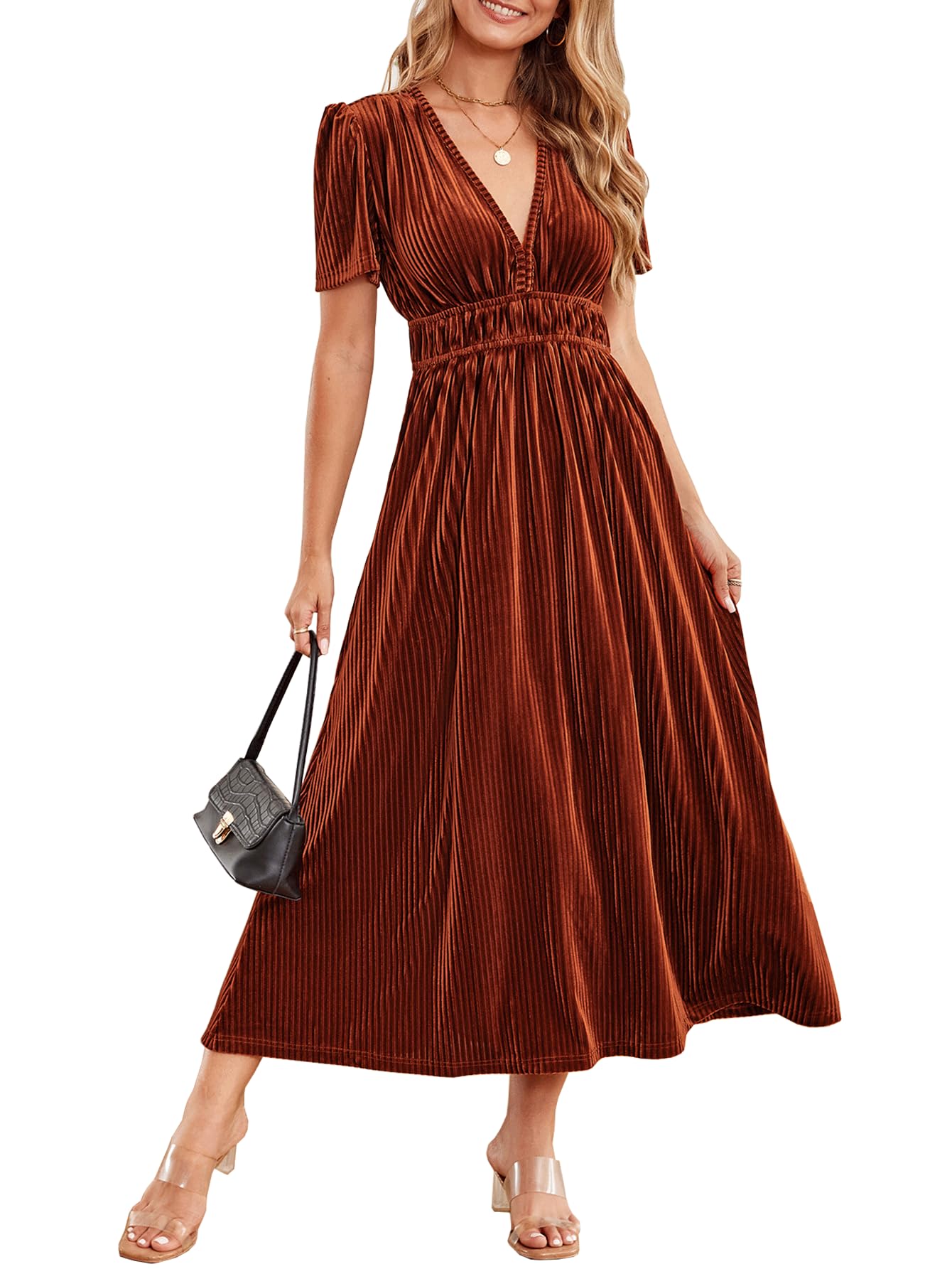Photo 1 of Sissyaki Women's Velvet Maxi Dress Short Sleeve High Waist Long Formal Dress for Wedding Guest C#Burnt Orange X-Large