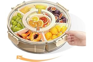 KoasVonson Snackle Box Container, 360° Rotatable Snack Tray with Lid, Clear Divided Serving Tray for Fruits, Snacks, Nuts, Ca