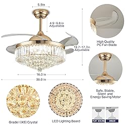 PAFRUMGE 36" Dimmable Gold Fandelier Crystal