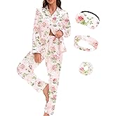 EPLAZA Silk Pajamas for Women Satin Pajamas Set 5 Pcs Long Sleeve Print Pattern Button Down Pjs Sleepwear Loungewear Set