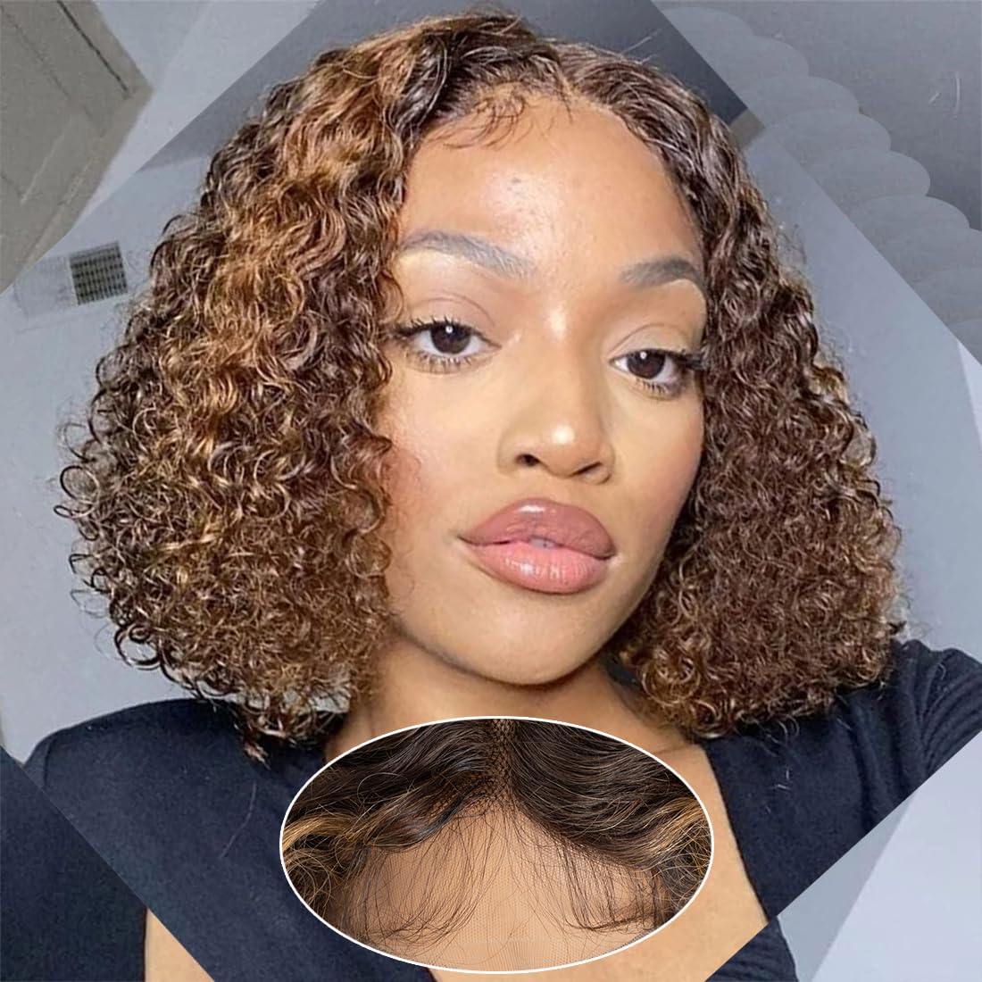 Short Kinky Curly Lace Front Wig 8 inch Bob Deep Curly 13X4X1 HD Lace Front Wig for Women Brazilian Virgin Human Hair Wigs with Bangs Natural Looking TTF4/27-1