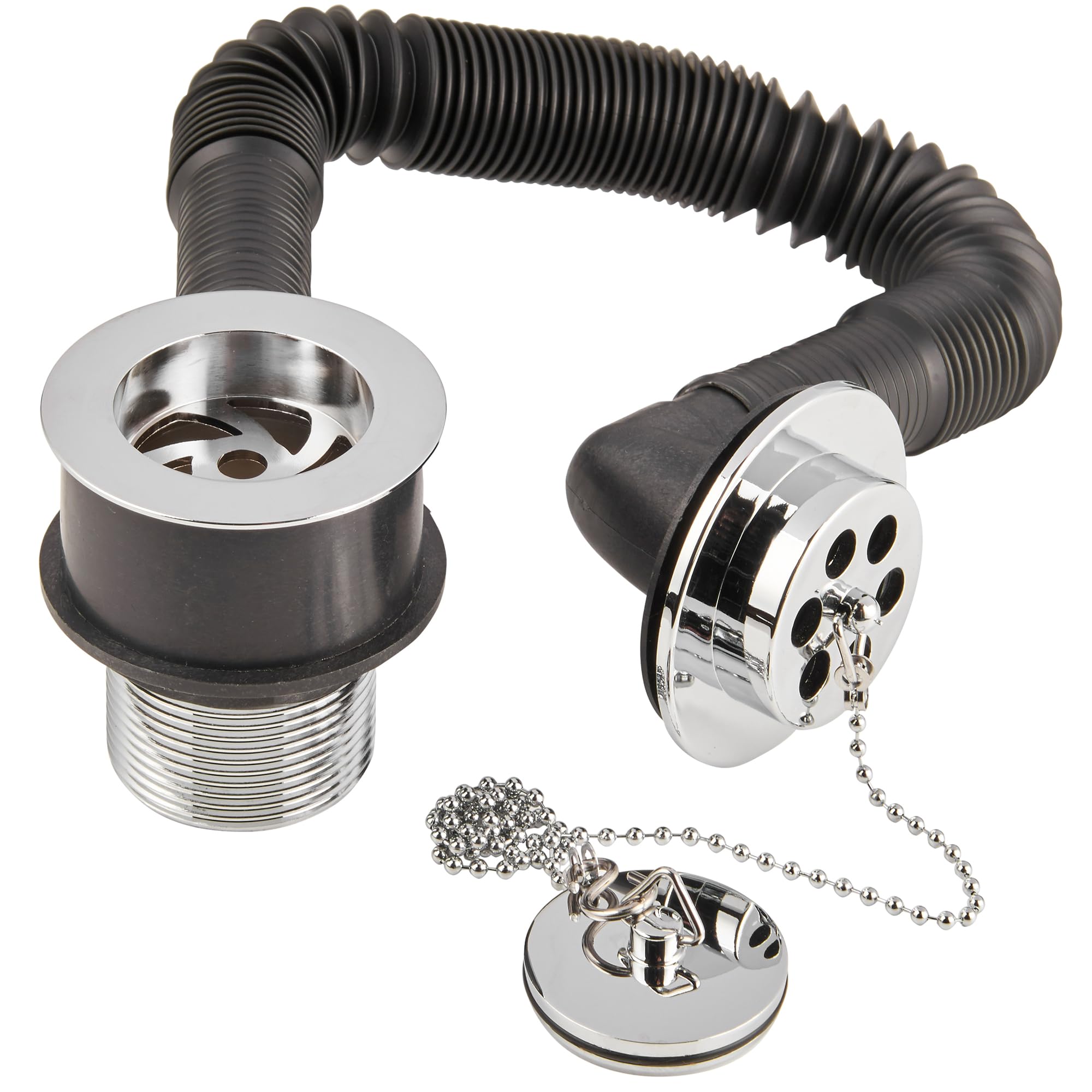 Deva DW404/017 Replacement Bath Combined Waste & Overflow Kit with Brass Slotted Plug & Chain In a Chrome Finish Silver Seal Trap Pipe Bathtub Bathroom Set