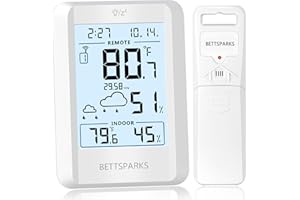 BETTSPARKS Indoor Outdoor Thermometer Wireless Weather Station with 330FT Range Remove Sensor Inside Outside Digital Hygrometer Thermometer Battery Powered Temperature Gauge Humidity Monitor with Clock&Backlight