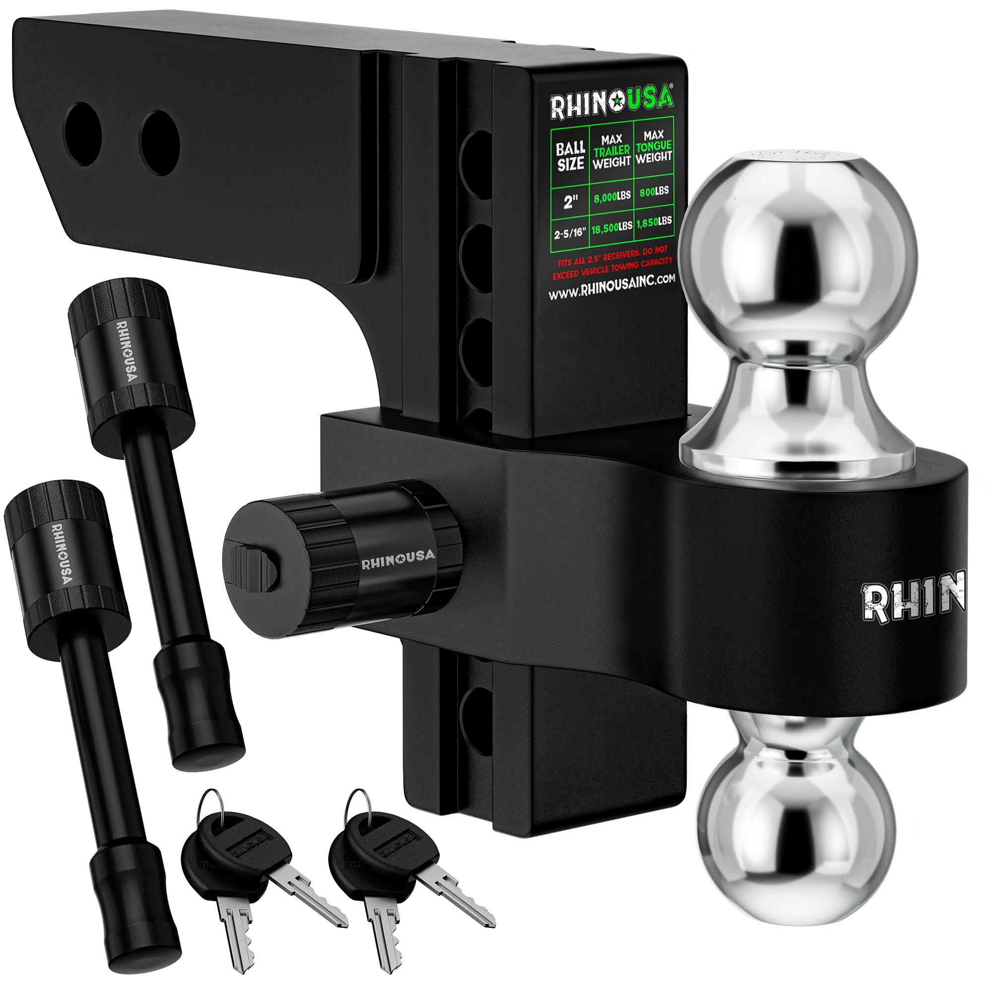 Photo 1 of Rhino USA Adjustable Trailer Hitch (Fits 2-Inch Receiver) - Heavy Duty Aluminum Tow Hitches with 6-Inch Drop/Rise for Truck (12,500 LBS GTW) - Weatherproof Double Anti-Theft Locking Hitch Pins (Black)