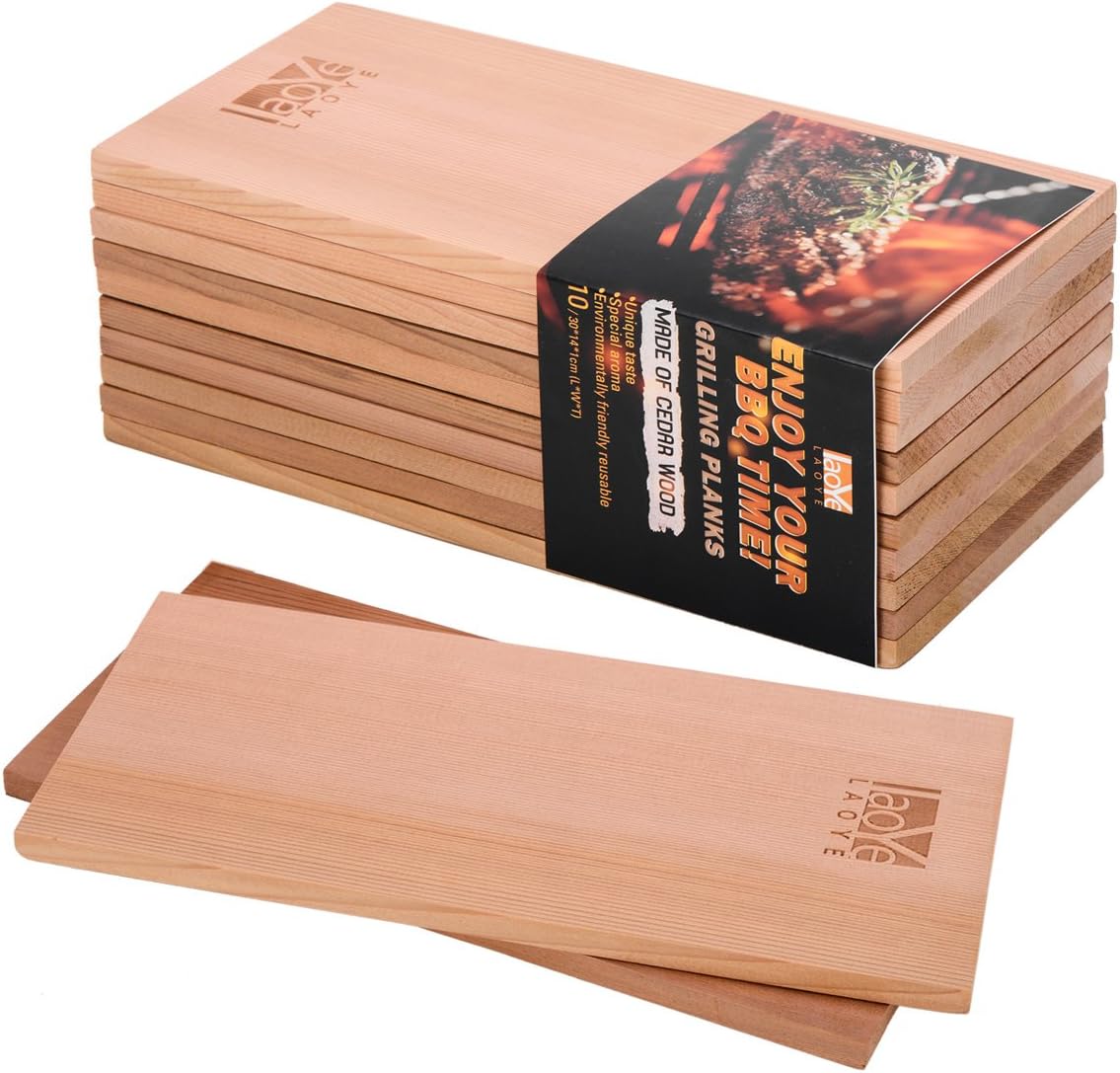 LAOYE 10 Stück Grillbrett Zedernholz XXL Räucherbretter Zum Grillen, (30 x 14 x 1 cm) Grillplanken aus 100% originalem kanadischen Western Red Cedar, Zedernholzbrett zum Grillen