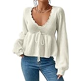 ZAFUL Women's Scallop Trim Deep V Neck Sweater Lantern Sleeve Tie Front Bow Peplum Knitwear Pullover Top