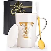 Jmugmt Letter T Personalized Initial Mugs with Flower, Letter T Personalized Coffee Mug, Customized Cool Letters Mugs for Women, Bridal Shower Gifts, Women's Initials Gifts Mug 14 OZ Matte White