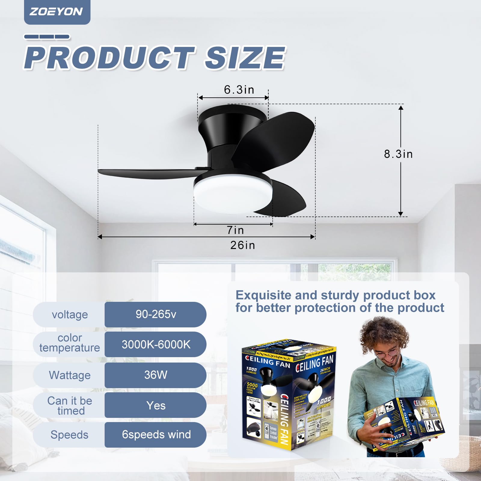 ZOEYON Small Ceiling Fan with Light - 26 Inch Flush Mount Ceiling Fan with Lights and Remote, Low Profile Ceiling Fans with 3 Reversible Blades, 6 Wind Speeds, Black Ceiling Fans for Bedroom