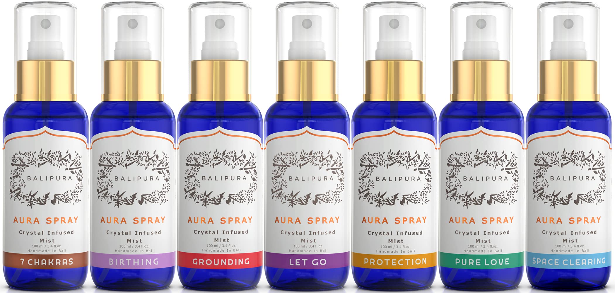 BALIPURA - 7 Aura Mist Sprays Mix Gift Sets - Cleansing Negative Energy - 7pc Variety Pack - Infused Crystals with Essential Oils, 3.4 fl.oz