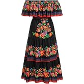 Women Mexican Dress Summer Floral Print Traditional Ethnic Wear Off Shoulder Beach Holiday Party Long Maxi Gowns