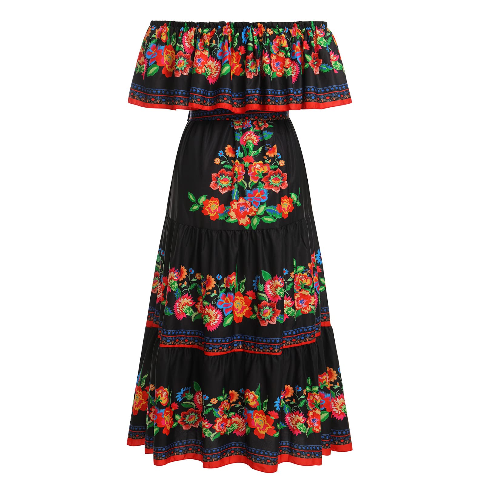 Photo 1 of (BAGGED) (USED/FAIR) Mexican Dress for Women: Traditional Fiesta Outfit Cinco De Mayo Bohemian Floral Print Boho Summer Dresses for Women 2023 Beach Gown Mexico Clothes Maxi Party Halloween Costume Black X-Large