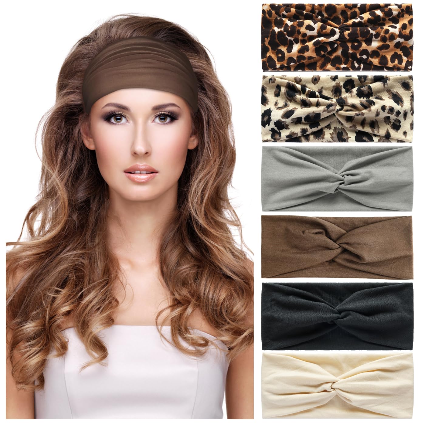 SSKHE 6PCS Headbands for Women, Wide Ladies Headband Boho, Stretchy Headbands, Print Leopard Bandanas, Fashion Knotted Hairbands, Cute Hair Bands for Women Girls Cleaning Face Makeup Yoga