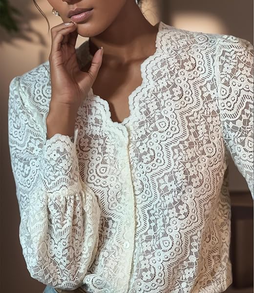 LUXVEER DRESSY LACE TOPS FOR WOMEN BLOUSES FOR WOMEN CASUAL V NECK BUTTON DOWN SHIRTS FOR WOMEN IVORY