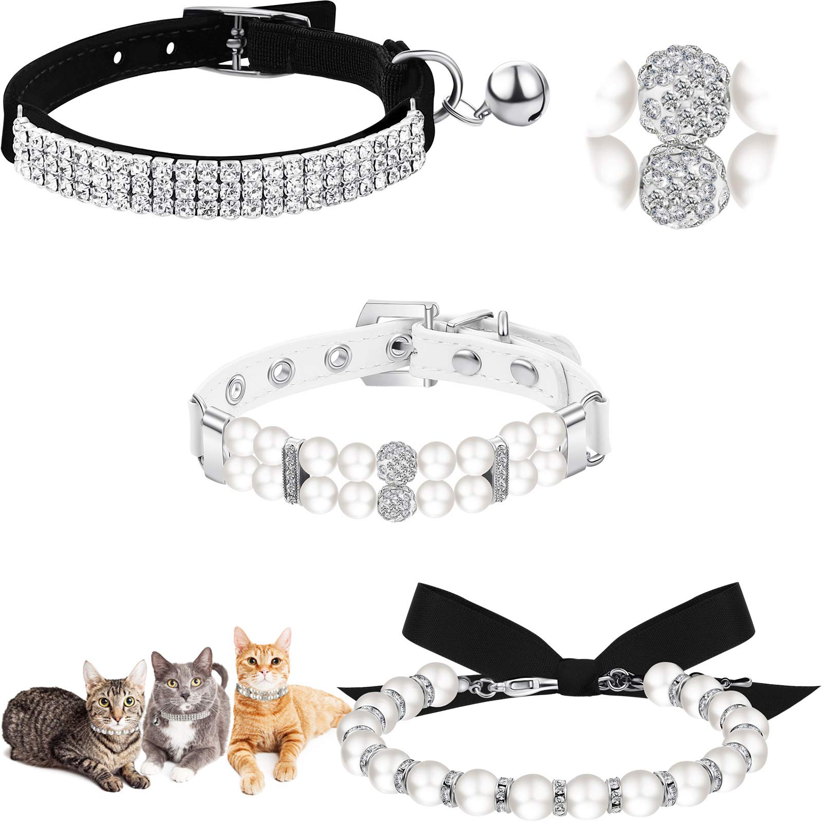 Photo 1 of 3 Pieces Rhinestones Dog Collar Set Artificial Pearl Dog Collar Adjustable cat Ribbon Necklace White Bling Diamante Cat Necklace with Bell for Pet Wedding Birthday Party, 3 Styles