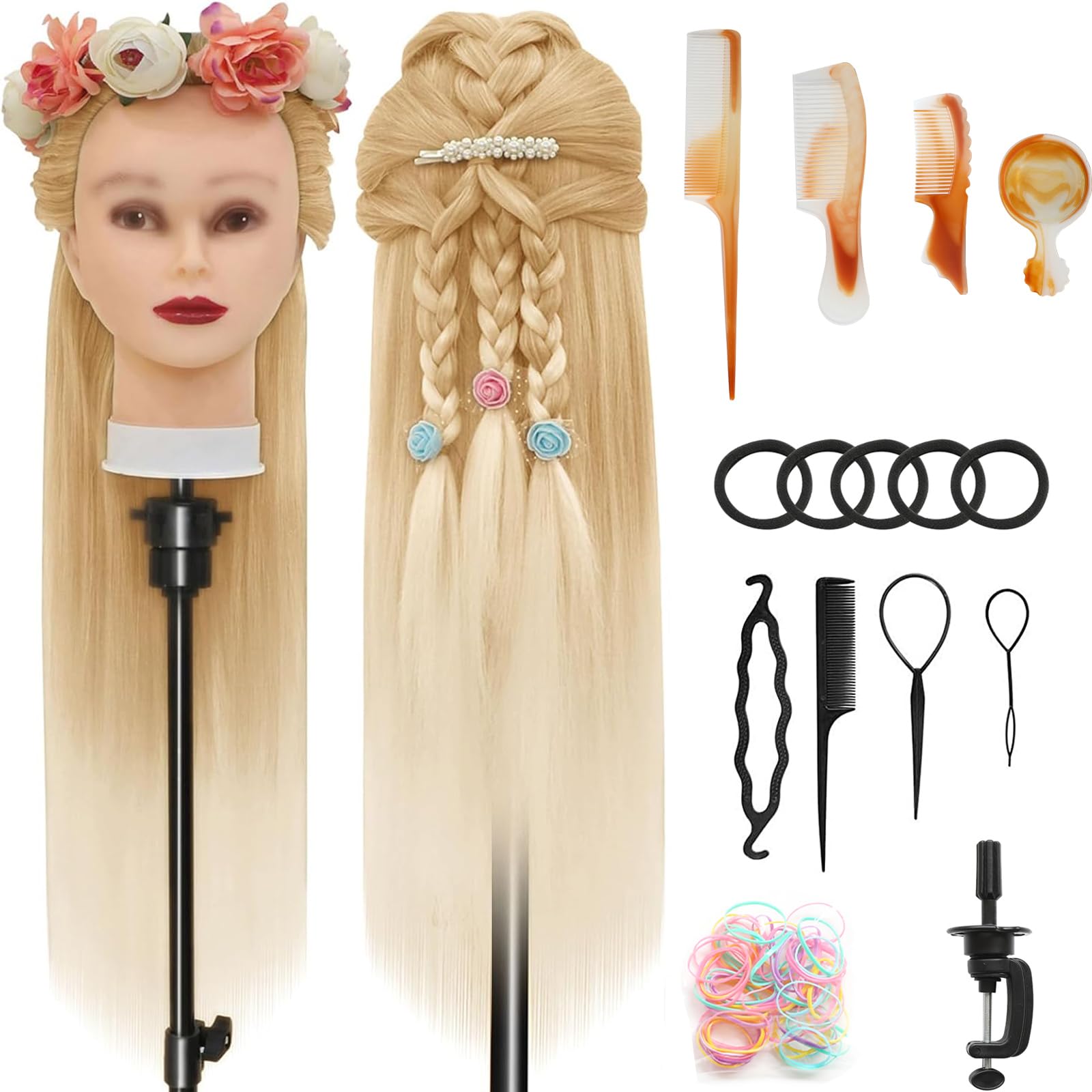 Styling Head 28 inch Training Head 100% Synthetic Fibres Hairdressing Head Hairdresser Training Heads with Free Clamp and DIY Braiding Set (27-613)