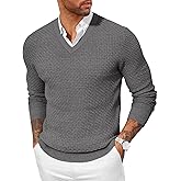 Yousify Mens V Neck Pullover Sweater Waffle Knit Casual Textured Pullover Long Sleeve Slim Fit Fall Sweaters