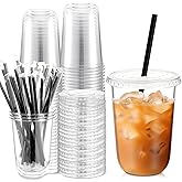 Ziliny 25 Set 16 oz Clear Plastic Cups with Lids and Straws, Disposable Iced Coffee PET Cups for Drinking Cold Beverage Juice Parfait Smoothie Milkshake Coffee Shops Party Supplies