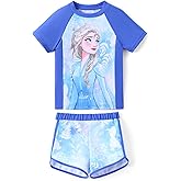 Disney Frozen Elsa Princess Girls Two Piece UPF 50+ Protection Quick-Dry Short Sleeve Swim Sets Rashguard Bathing Suit