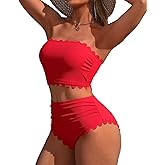 Charmo Strapless High Waisted Bikini Sets for Women Tummy Control Scallop Ribbed Bandeau Swimsuit Lace up Bathing Suits