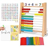 Wooden Abacus for Kids Math - 10-Row Counting Toy with 100 Beads, Number Cards & Counting Sticks, Educational Counters for Ki