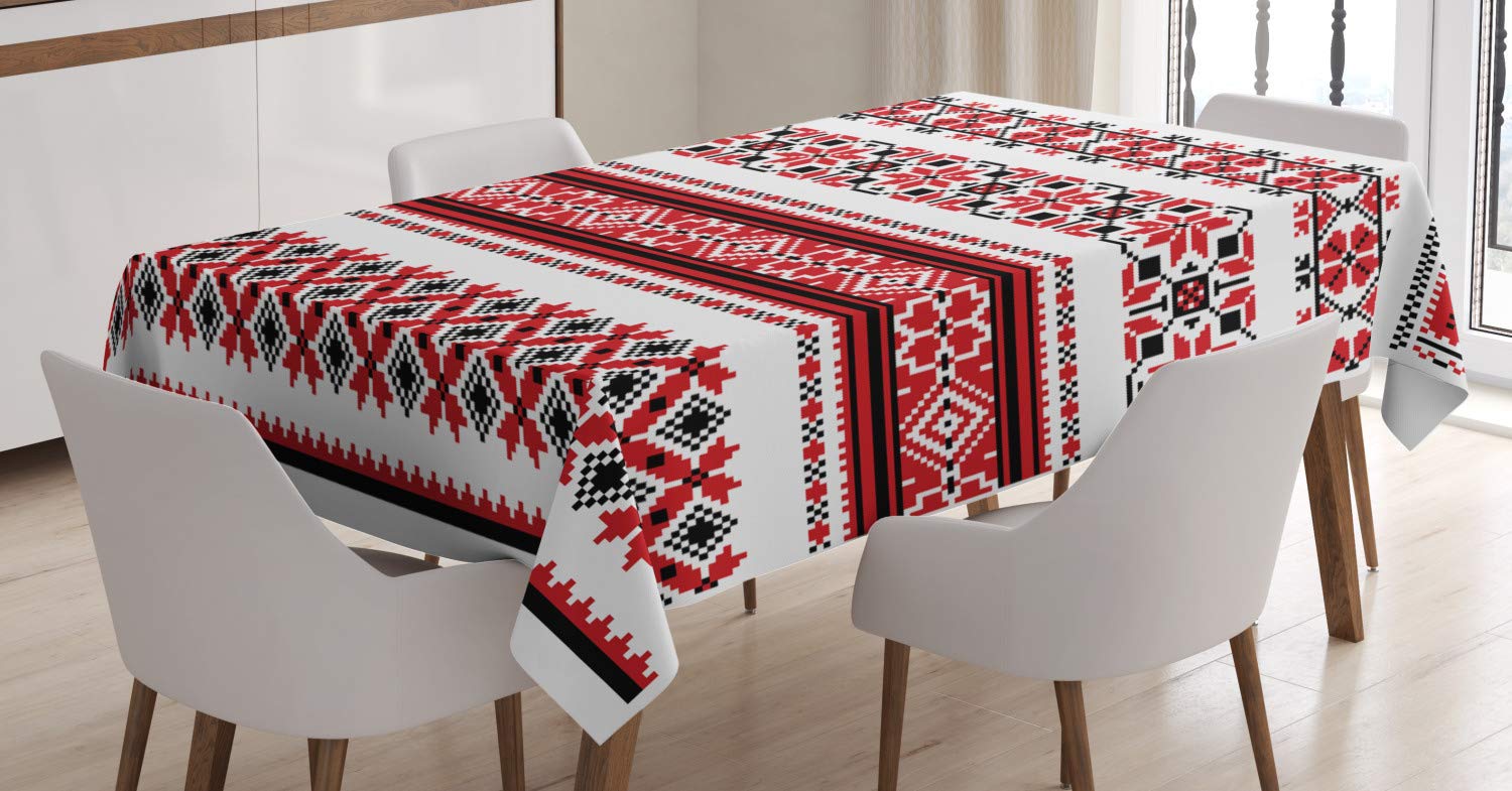 ABAKUHAUS Red Tablecloth, Ukrainian Needlework Illustration Traditional Accents Arts and Crafts Theme, Dining Room Kitchen Table Cover, 54" x 78", White Black Red