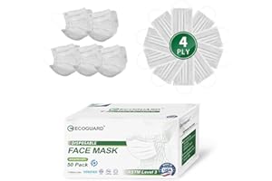 EG EcoGuard Disposable Face Masks Made in USA, 4 Ply for Families, Students, Breathable All-Day Wear & Safety, FSA HSA Eligible, ASTM Level 3 Medical Grade, 50 Pack, Grey