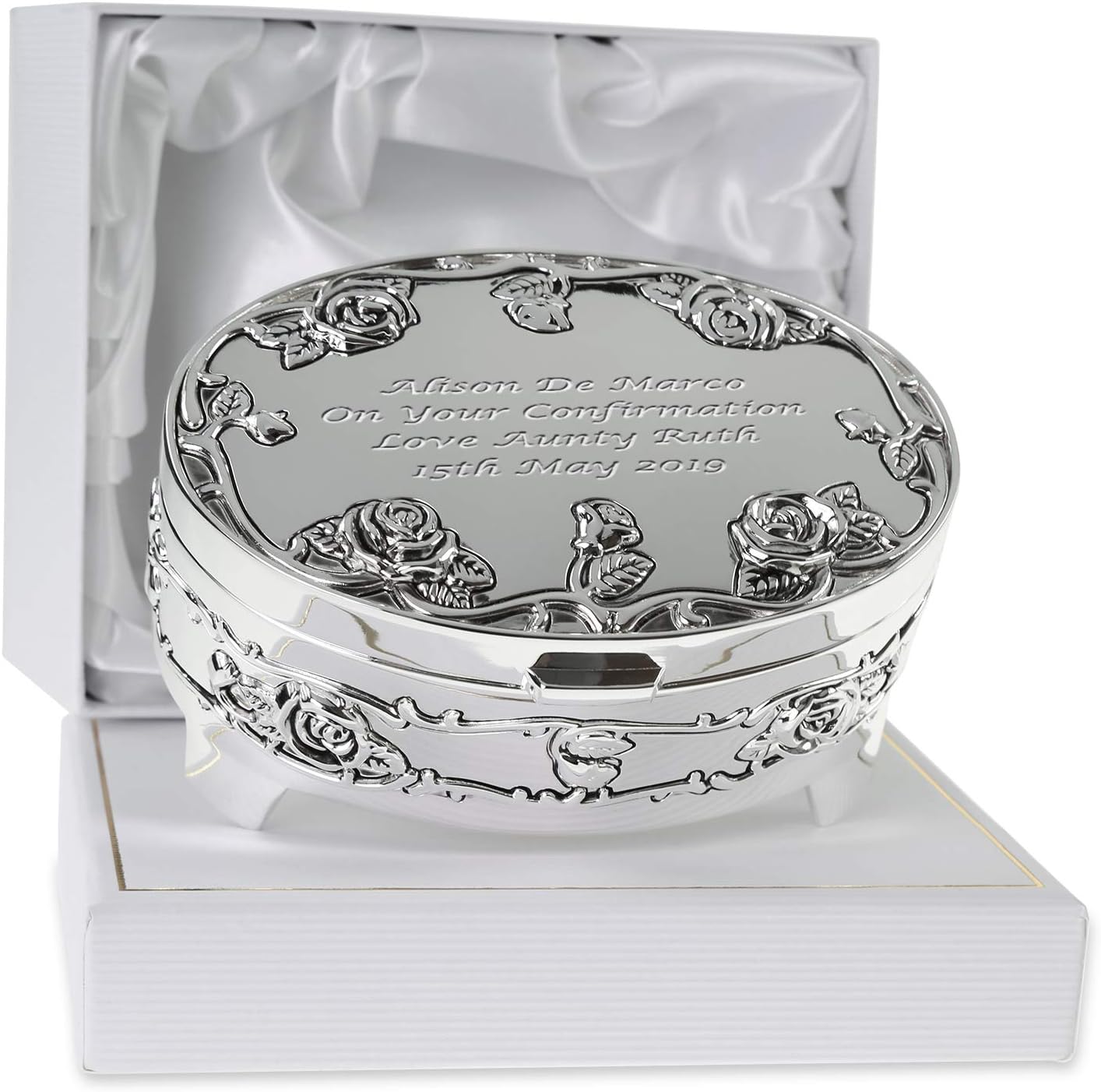 De Walden Girl's Confirmation Gift Engraved Silver Plated Rose Trinket Box in a Presentation Box