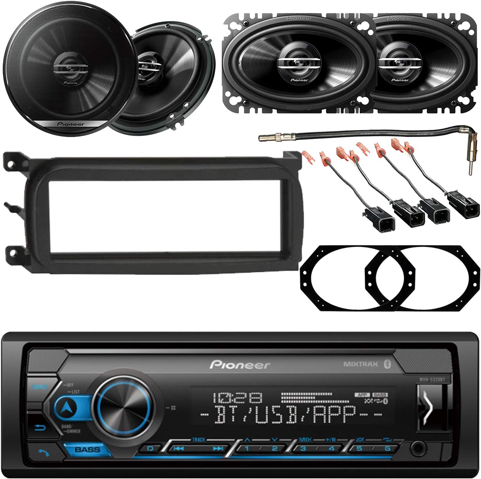 Pioneer Single-DIN Digital Media USB Bluetooth Receiver, Pioneer 6.5" 2-Way Speakers, 4x6 Speakers, Dash Kit Fits Select 1998-2009 GM Vehicles, Antenna Adapter, Speaker Adapters