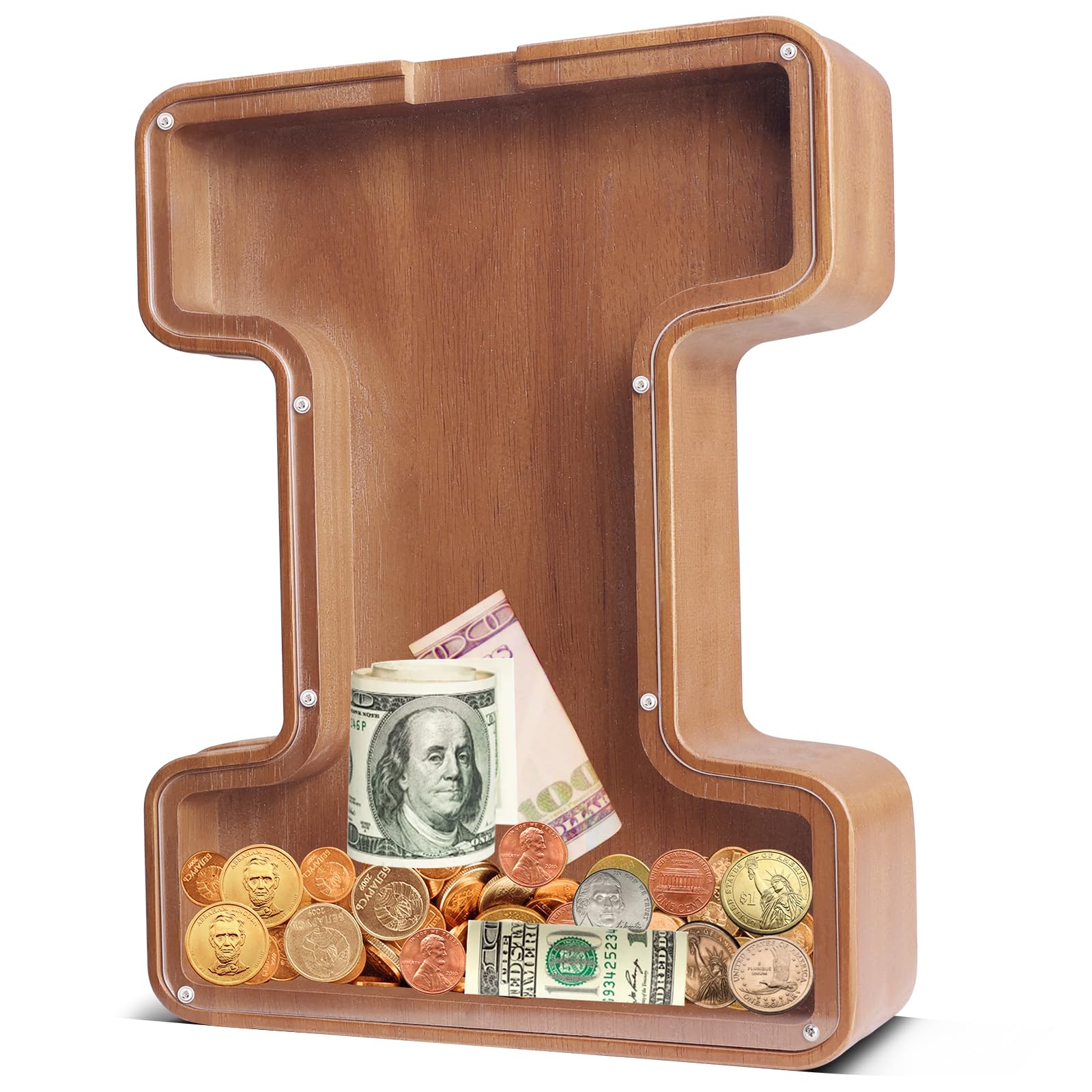 UBeesize 12in Extra Large Wooden Piggy Bank,Letter Piggy Bank for Boys Girls,Money Coin Bank for Kids,Christmas,Birthday,Children“s Gift and Home Office Decoration（I） Image