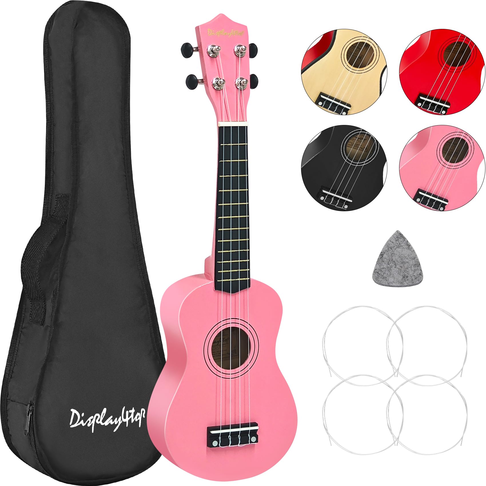 Display4top 21 Inch Soprano Ukulele, Professonial Ukele for Kids Bundle with Gig Bag, Picks, Extra Strings (Pink)