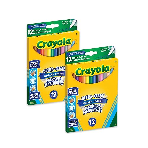 Crayola Ultra Clean Washable Fine Line Markers (2 Boxes), Bulk Classroom Markers for Kids, 12 Colours, Teacher Must Haves Wishlist, Bulk School Supplies