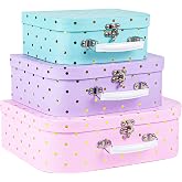 Eazy2hD Paperboard Suitcases, Set of 3 Decorative Storage Boxes with Handle | Small Toy Suitcase Gift Boxes for Kids Girl, Cardboard Suitcase for Doll Clothes, Photo Storage, Birthday, Wedding Decoration