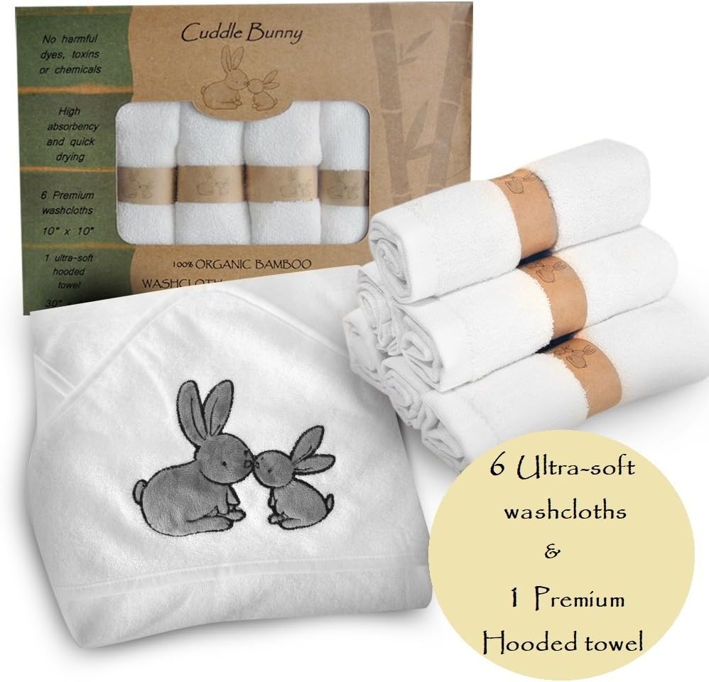 Easter Organic Bamboo Baby Hooded Towel and washcloth Set by Cuddle Bunny Organics | 7 Pack | Extra Soft for Sensitive Skin | Baby Shower Gift | Great for Newborns or Toddlers | Bath, Beach or Pool
