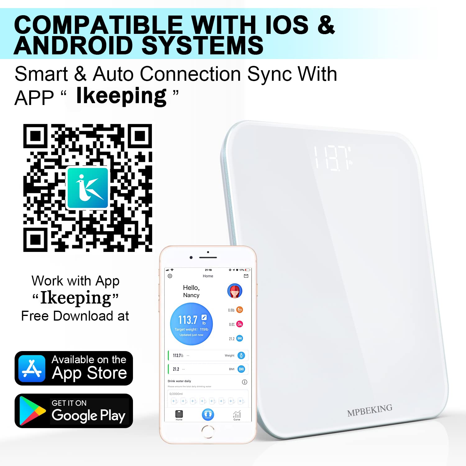 Scale for Body Weight, High Accuracy Bathroom Digital Scales, Bluetooth Weighing Scale, Unlimited Users, LCD Display, Round Corner Disign, Compact Size with Sturdy Tempered Glass 400lb- White