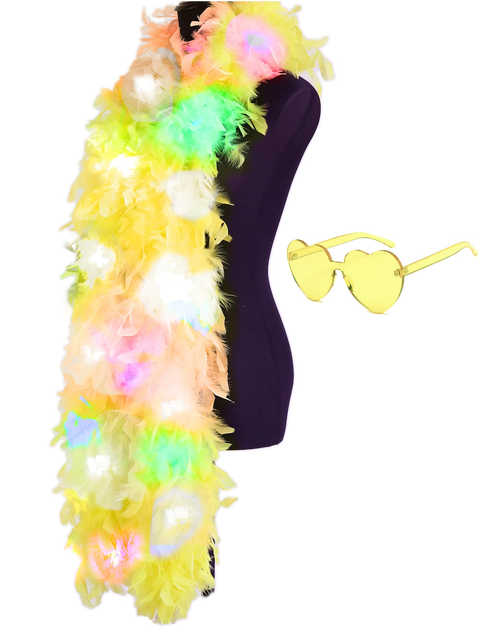 JIANGLAI Colorful Feather Boas, 6.6ft Boa with 20 Color LED Lights for Women for Dancing Wedding Party Halloween, with Heart Sunglasses (Yellow)