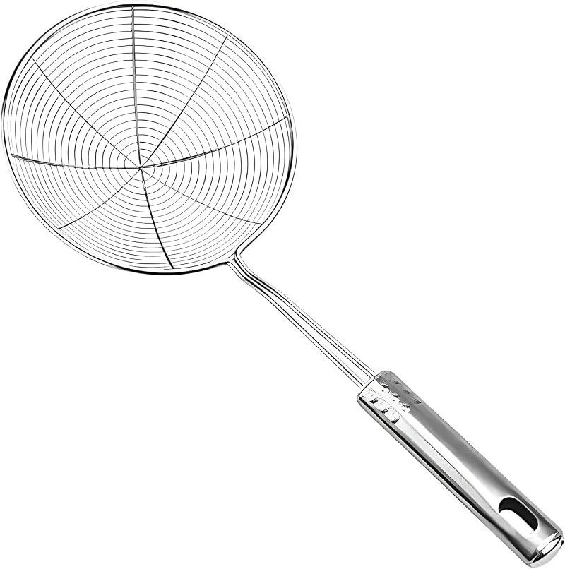 AEX Strainer Skimmer Ladle Stainless Steel 6.7 Inch Ergonomic Handle Spider Mesh